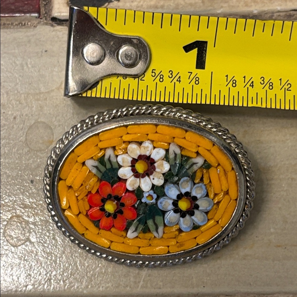 Vintage Italian Micro Mosaic Floral Brooch - Yellow Millefiori Glass - Picture 3 of 4